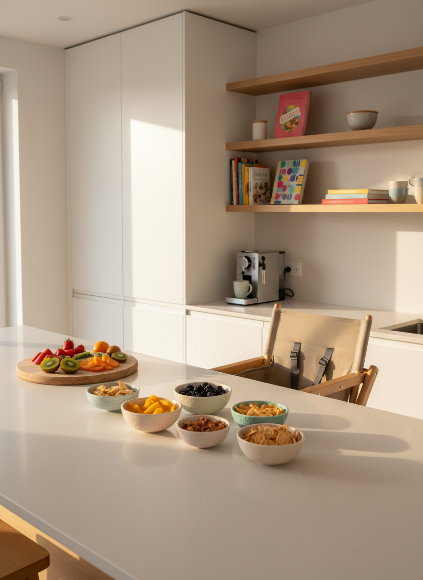 A minimalist, light-filled Airbnb kitchen styled for design-conscious parents traveling with kids. A long pale oak island stretches across the frame, topped with a neat row of small ceramic bowls filled with colorful local snacks, a wooden cutting board with sliced fruit, and a chic travel high chair folded flat at one end. In the background, matte white cabinetry, open shelves with curated cookbooks, and a compact espresso machine create a calm, modern aesthetic. Morning light filters through an unseen window, creating gentle reflections on the quartz countertop and casting soft, directional shadows. Captured in photographic realism from a three-quarter angle with sharp focus throughout, the composition feels airy, organized, and aspirational—showing that family travel kitchens can be both functional and beautifully designed.