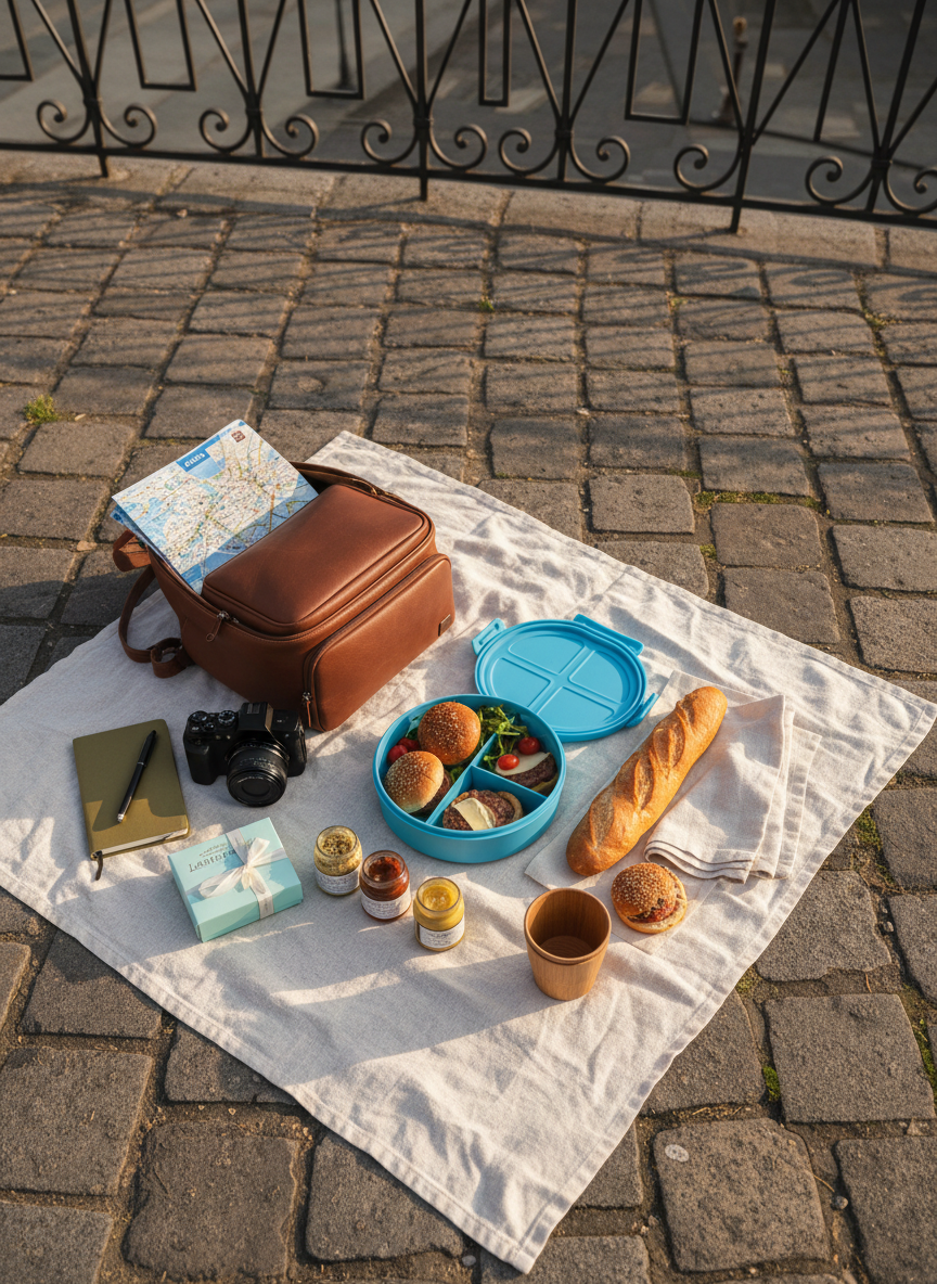 An elevated flat-lay of a thoughtfully packed family city-break picnic, arranged on a textured linen blanket spread over old stone paving in a historic square. A sleek leather backpack lies open, revealing a compact camera, a folded metro map, and a slim notebook, while beside it a small insulated food container reveals deconstructed gourmet burgers in cheerful silicone compartments. A narrow baguette, tiny jars of mustard, and a miniature box of macarons add European flair. Late afternoon light casts warm, directional illumination, creating subtle shadow patterns from nearby wrought-iron railings, suggesting an urban setting. Shot from directly overhead in crisp photographic realism with meticulous composition, the mood is curated yet relaxed, perfectly capturing sophisticated parents turning a city stroll into a memorable, kid-friendly food adventure.