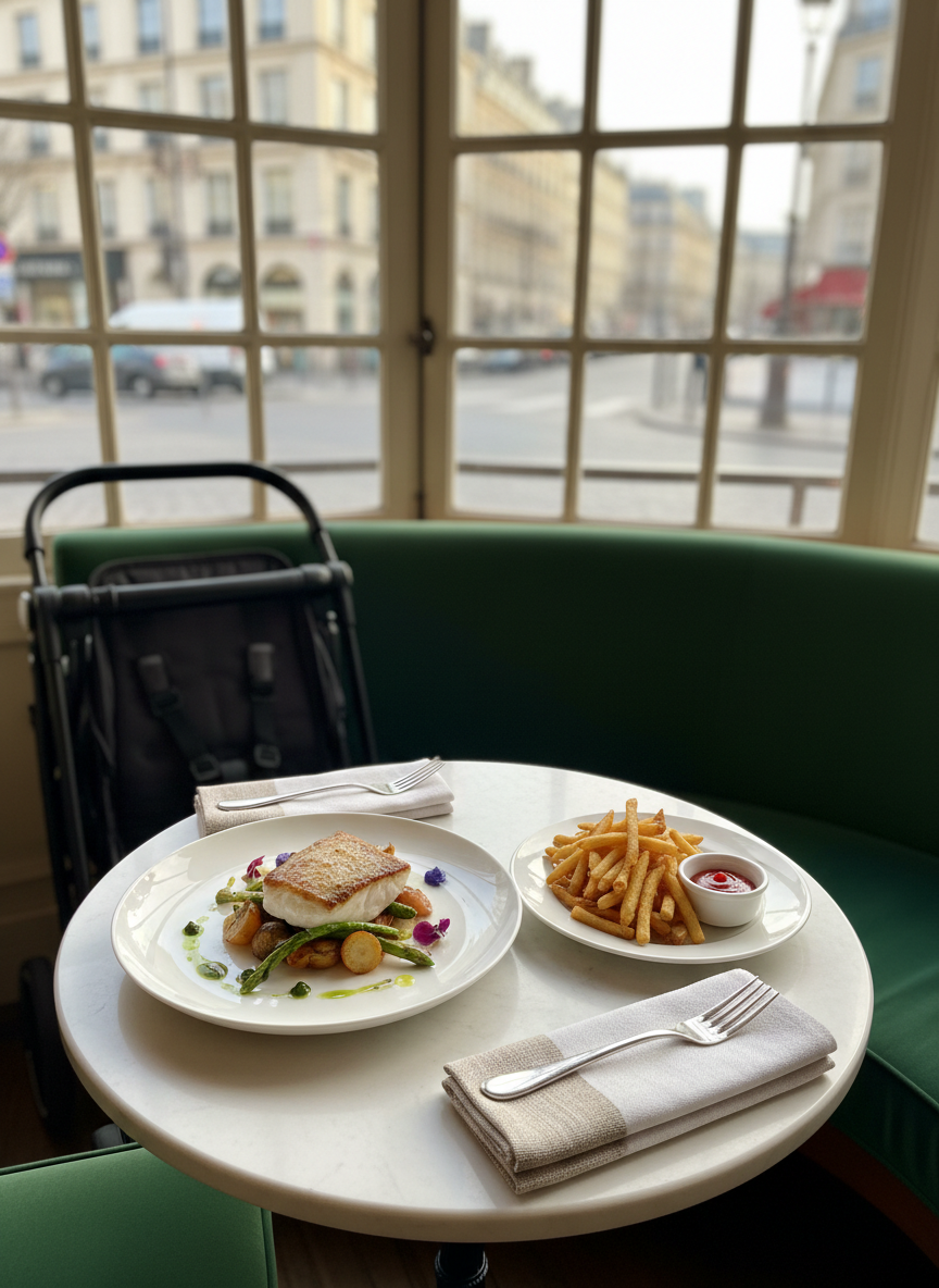 A sunlit corner table in a Parisian-style bistro, overlooking a blurred city street through large mullioned windows, captured in rich photographic realism. On the marble tabletop, two contrasting plates share the frame: one with a meticulously plated, chef-level entrée of seared fish atop a bed of seasonal vegetables, the other with a beautifully simple, smaller plate of hand-cut fries and a tiny porcelain dish of ketchup. A sleek stroller folded compactly beside the banquette hints at unseen family travelers. Late afternoon golden light pours across the table, highlighting the textures of linen napkins and brushed brass cutlery, while casting gentle shadows. Shot from a slightly elevated angle with a shallow depth of field, the atmosphere is sophisticated yet relaxed, emphasizing that destination restaurants can still welcome families.