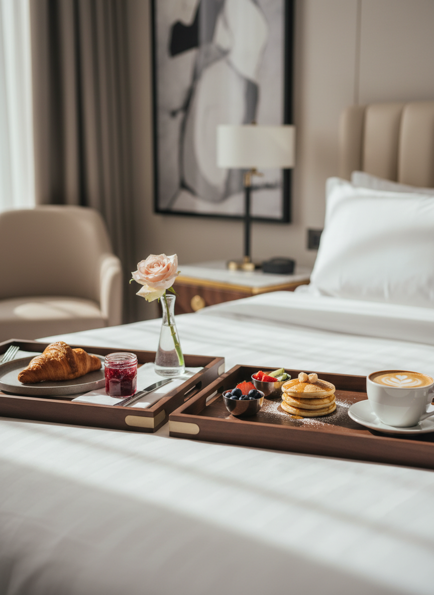 A meticulously styled breakfast-in-bed scene on crisp white linen in a boutique hotel room, with two elegant wooden trays arranged side by side. One tray holds a flaky, golden croissant on a matte stoneware plate, a small jar of artisanal jam, and a petite vase with a single pale rose. The other tray features tiny silver dishes of fruit, a miniature stack of pancakes, and a frothy cappuccino in a pristine ceramic cup. Morning light pours through unseen floor-to-ceiling windows, casting soft, elongated shadows and gentle highlights on brushed brass details. Shot at an eye-level angle with a shallow depth of field, the background melts into a blurred hint of contemporary design, conveying a serene, sophisticated, photographic realism perfect for aspirational family city breaks.