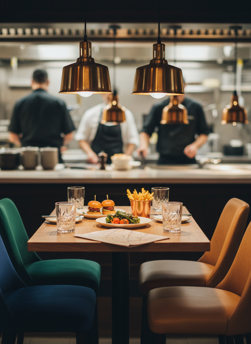 A polished oak restaurant table set for four, scaled down elegantly as if awaiting a stylish family, without any people present. Two smaller, jewel-toned velvet stools are tucked opposite two sleek leather chairs, signaling a thoughtful mix of adult comfort and kid-friendly proportions. In the center, shared plates of vibrant, beautifully plated tapas—tiny sliders, charred vegetables, and artfully arranged fries in a copper cup—sit alongside heavy crystal water glasses and a folded city map. Warm pendant lights above create pools of golden light and soft reflections in the glassware. Captured from a slightly elevated angle in photographic realism, with the bustling open kitchen behind rendered as a tasteful bokeh, the mood feels cosmopolitan yet welcoming, ideal for modern parents who refuse to compromise on restaurant design.