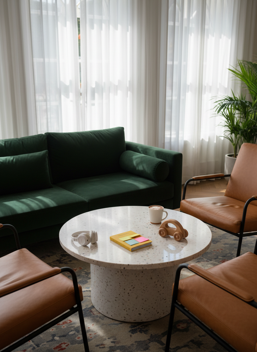 A chic boutique hotel lobby lounge corner featuring a low terrazzo coffee table surrounded by a deep emerald velvet sofa and two caramel leather armchairs, all without any people. On the table, a curated mix of objects hints at stylish family travel: a pair of tiny noise-cancelling headphones, a slim travel guidebook marked with pastel sticky notes, a half-finished hot chocolate in a ceramic mug, and a minimalist wooden toy car. Afternoon light filters through tall windows with sheer curtains, casting soft, diffused illumination and subtle reflections on the terrazzo. Shot at an eye-level perspective with a balanced composition and moderate depth of field, the scene blends sophisticated, modern design with understated family-friendly touches in a clean, photographic style.